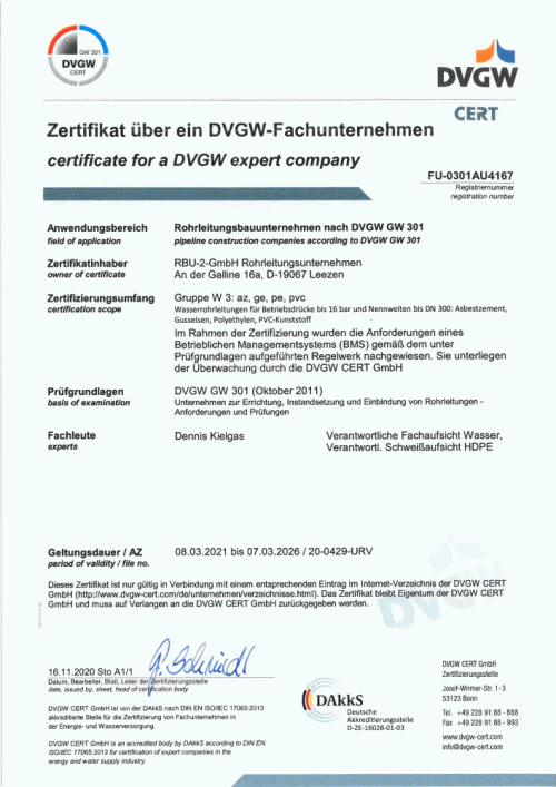 Zertifikat über ein DVGW- Fachunternehmen